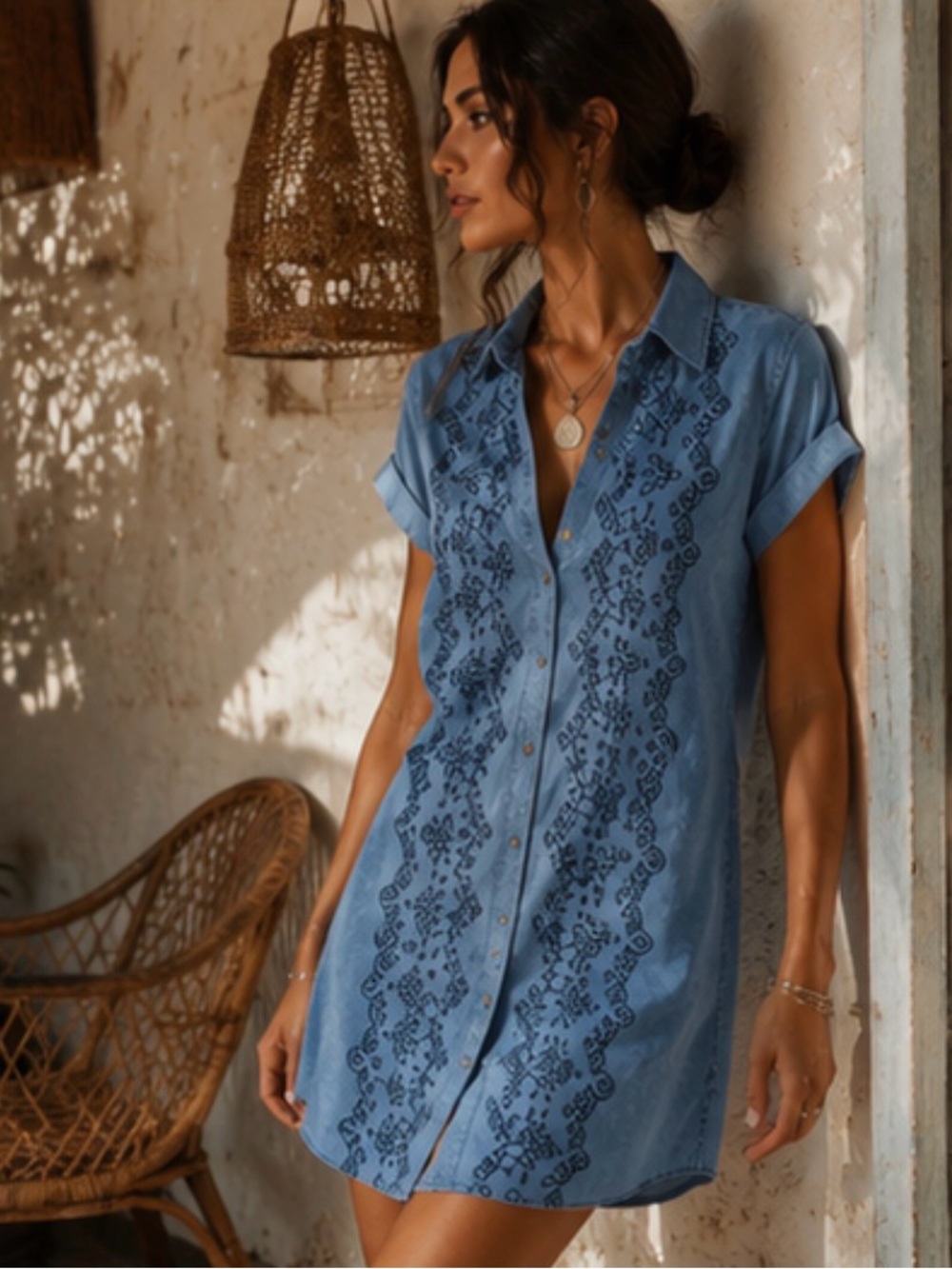 En Crème Embroidered Chambray Button-Down Shirt Dress | Boutique Style